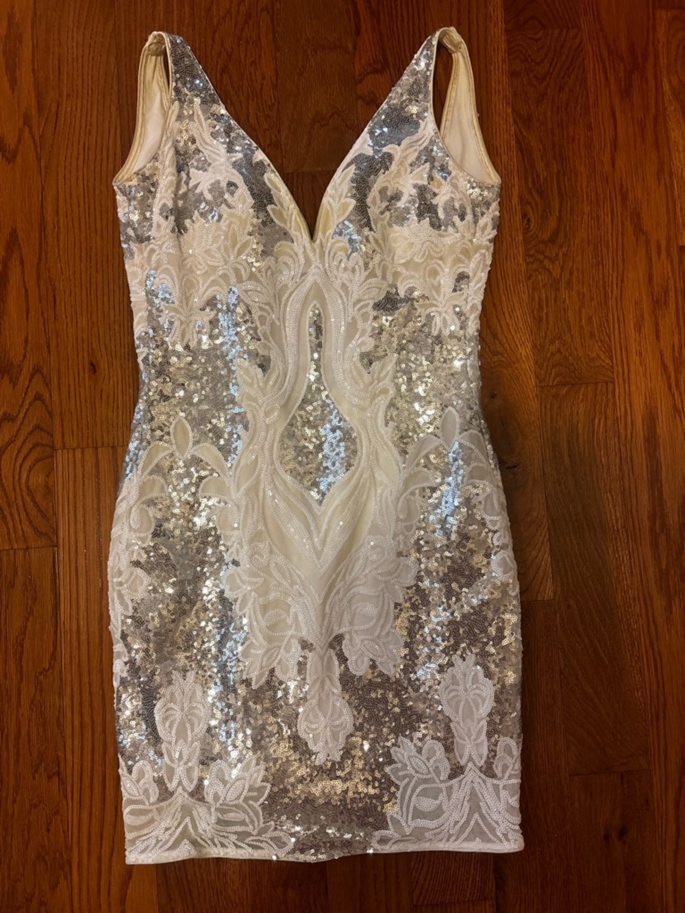 Jovani 24510 Homecoming- Elegant White & Silver Sequin V-Neck Dress